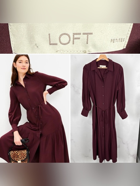 LOFT Dresses & Skirts - LOFT Women’s Burgandy Solid Button Front Long Sleeve Shirt Dress Size 10P